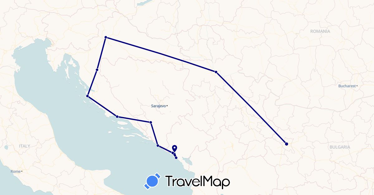 TravelMap itinerary: driving in Bosnia and Herzegovina, Bulgaria, Croatia, Montenegro, Serbia (Europe)